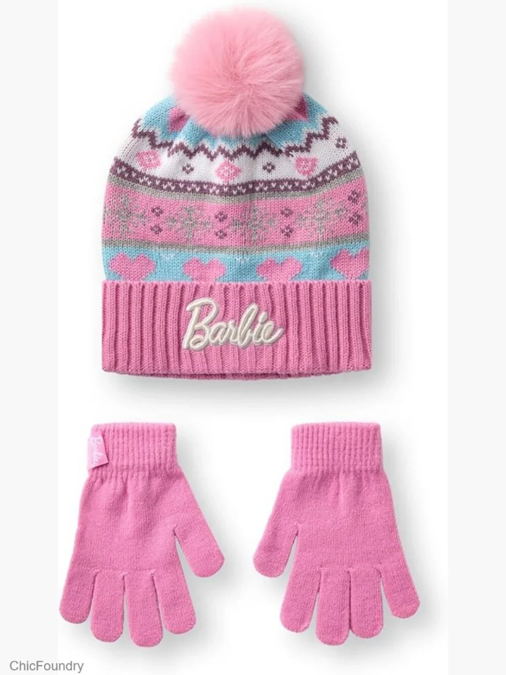 Girls Fair Isle Knit Beanie and Gloves Winter Set Accessory